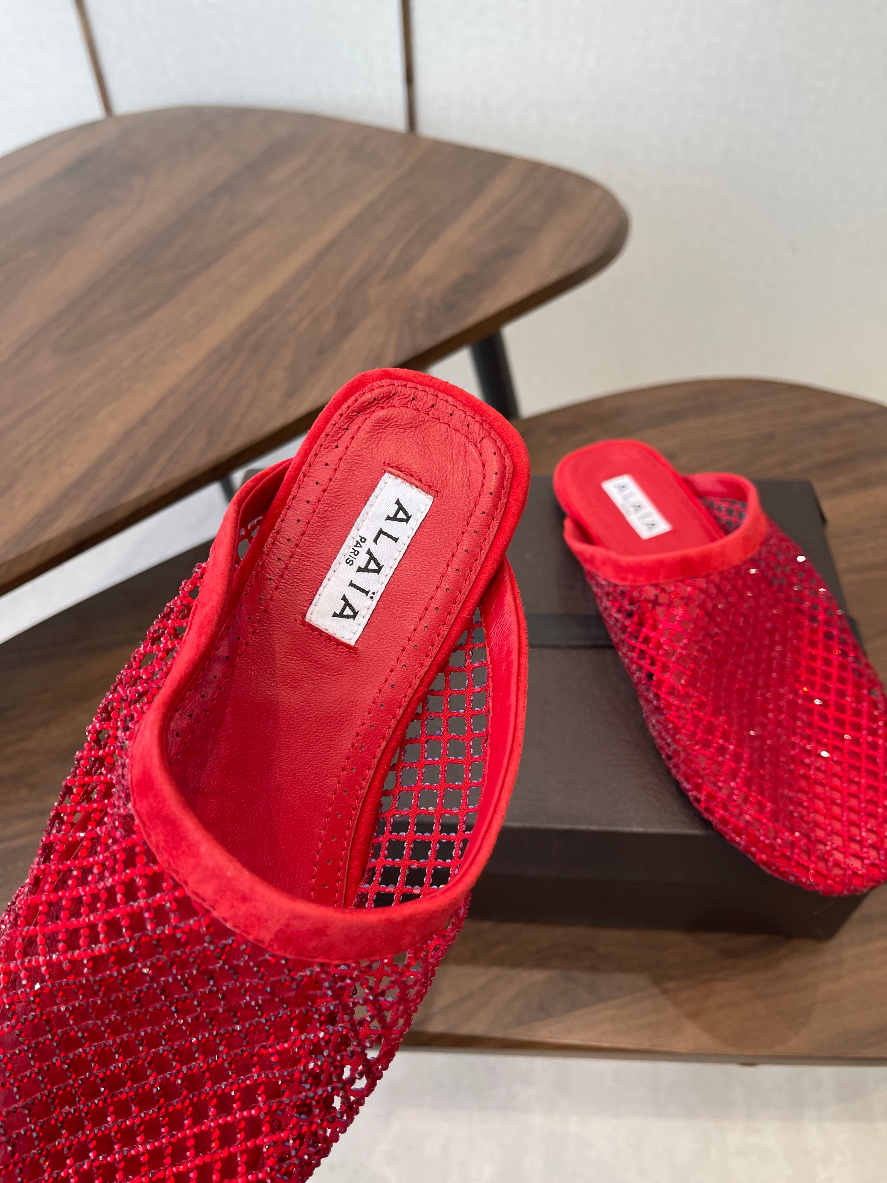 ALAIA 26S FLAT MULES IN RED SUEDE AND MESH RHINESTONE-EMBELLISHED