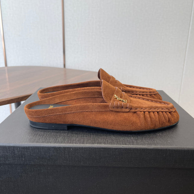 YSL 26S LOAFER MULES IN BURNT ORANGE BROWN SUEDE
