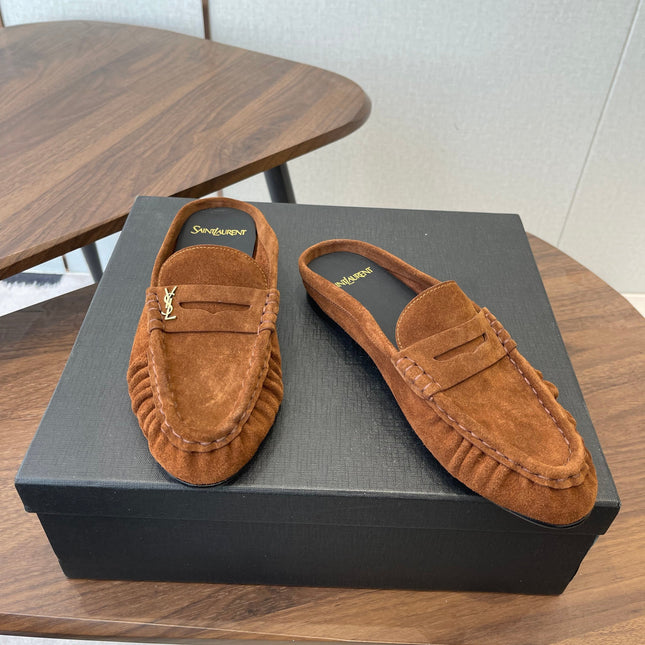 YSL 26S LOAFER MULES IN BURNT ORANGE BROWN SUEDE