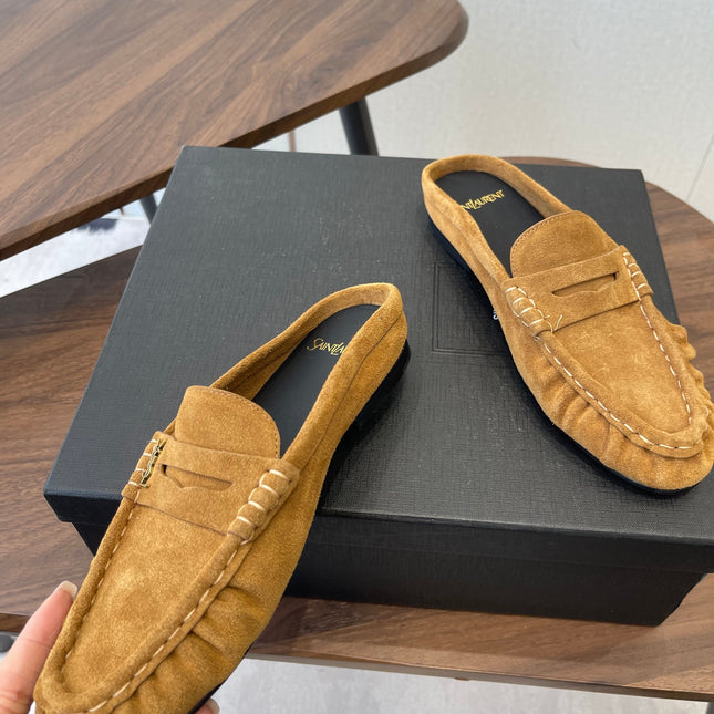 YSL 26S LOAFER MULES IN CAMEL BROWN SUEDE