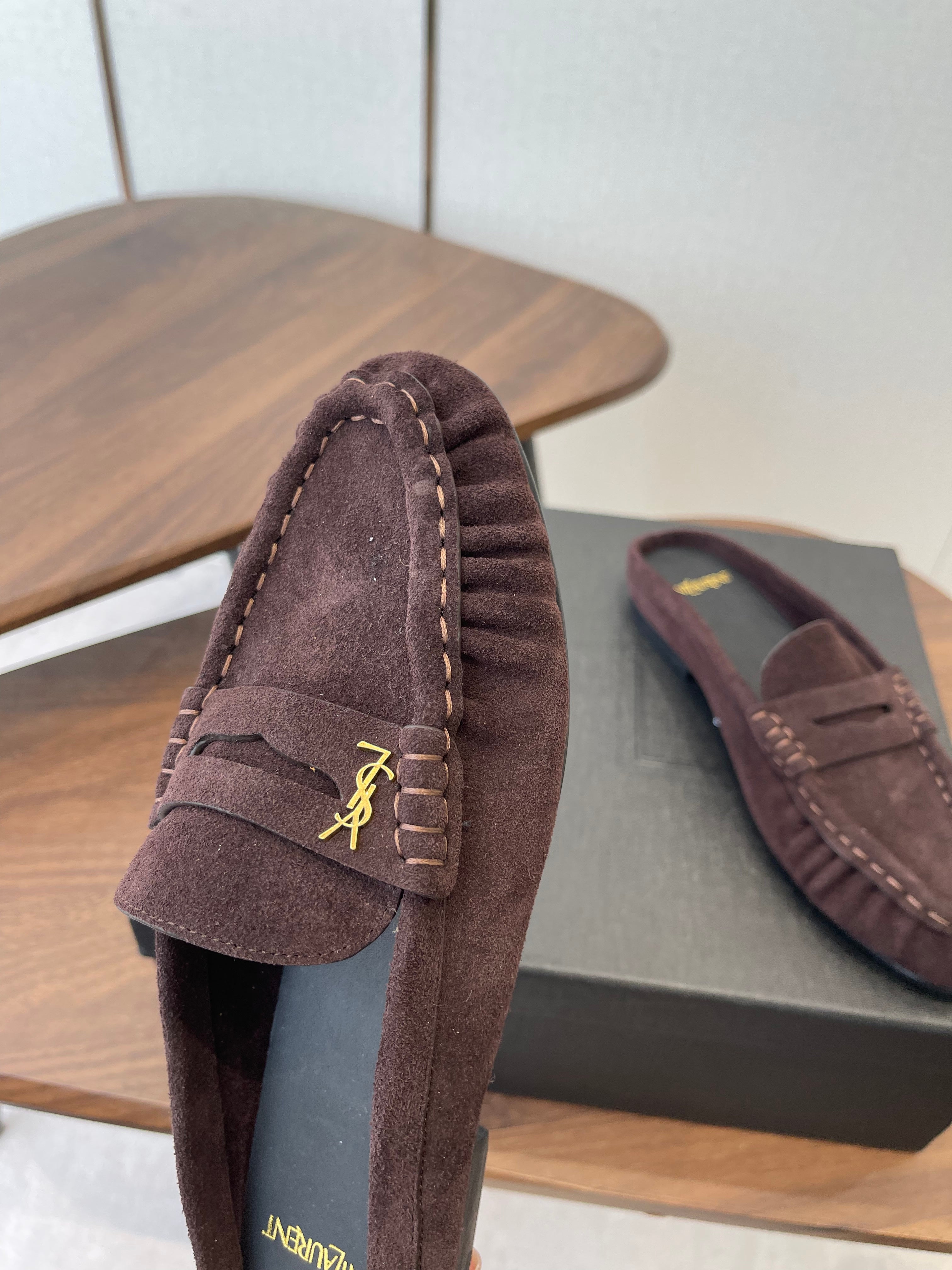 YSL 26S LOAFER MULES IN DARK PLUM BROWN SUEDE