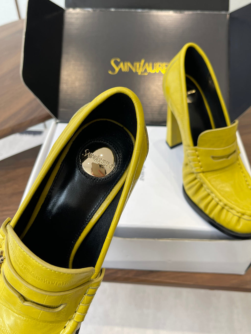 YSL 26S HEELED LOAFERS 100 MM IN YELLOW CALFSKIN