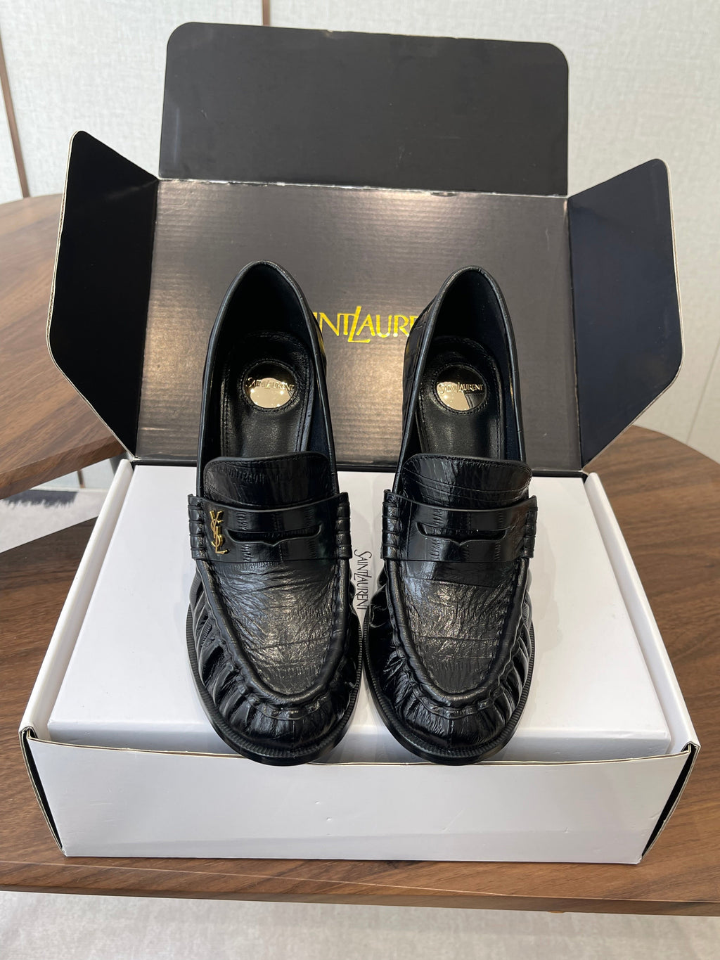 YSL 26S HEELED LOAFERS 100 MM IN BLACK SHINY CALFSKIN