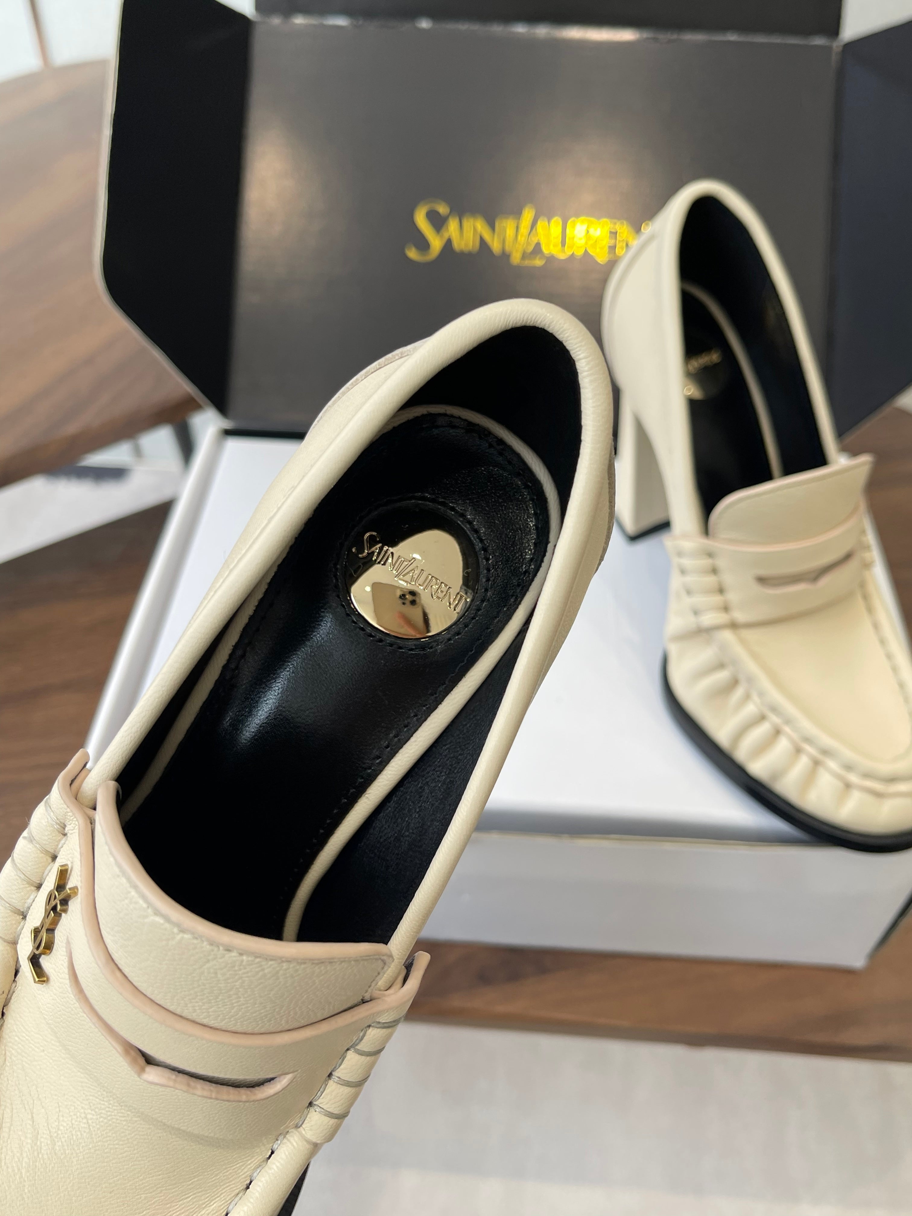 YSL 26S HEELED LOAFERS 100 MM IN SOFT OFF-WHITE CALFSKIN