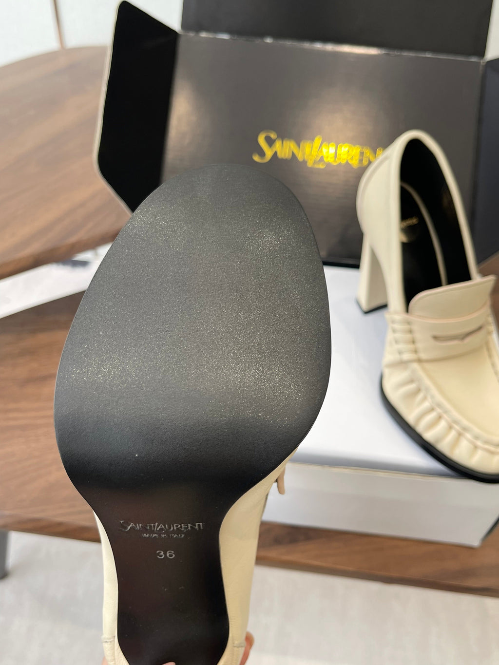 YSL 26S HEELED LOAFERS 100 MM IN SOFT OFF-WHITE CALFSKIN