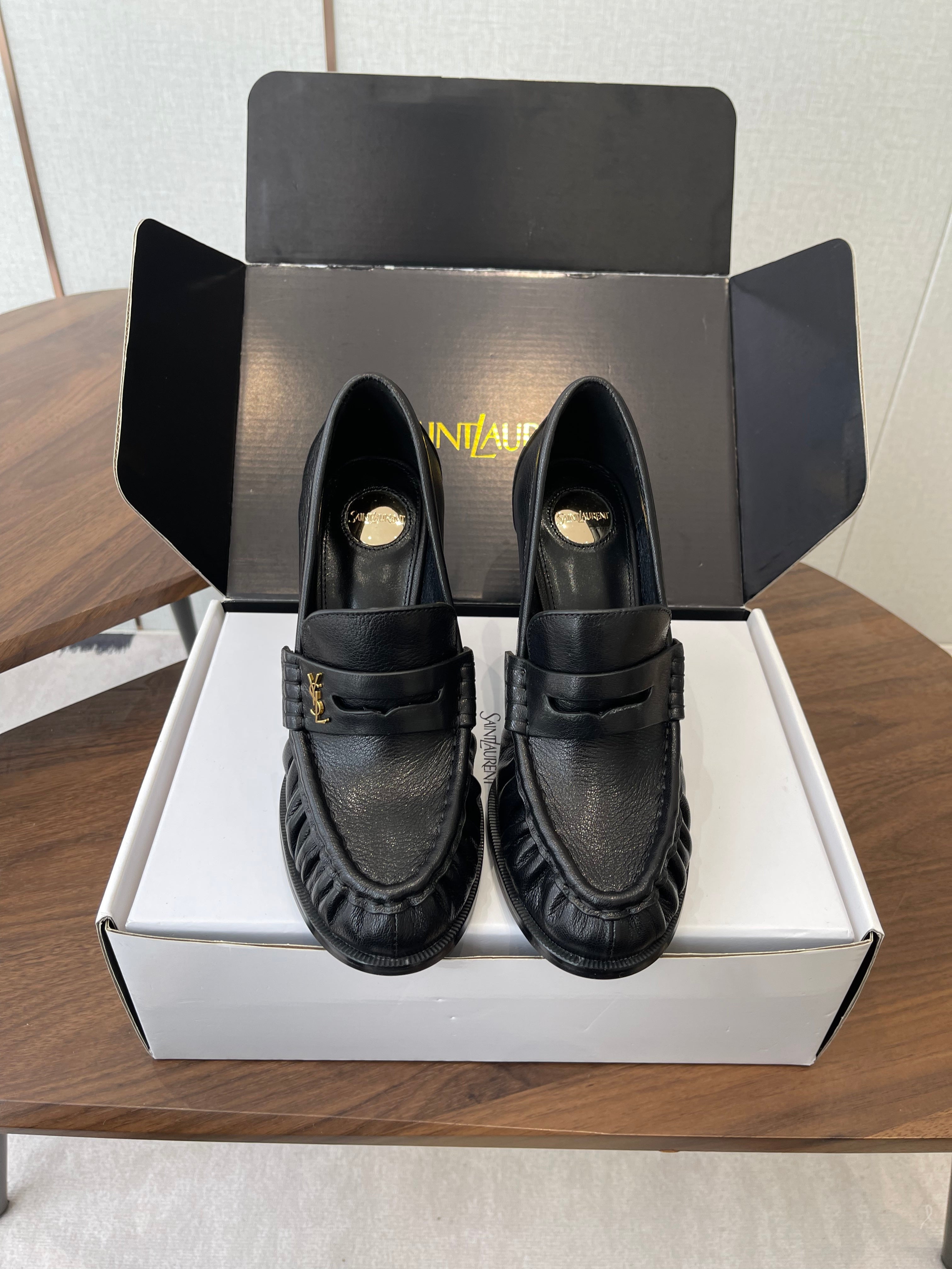 YSL 26S HEELED LOAFERS 100 MM IN BLACK CALFSKIN