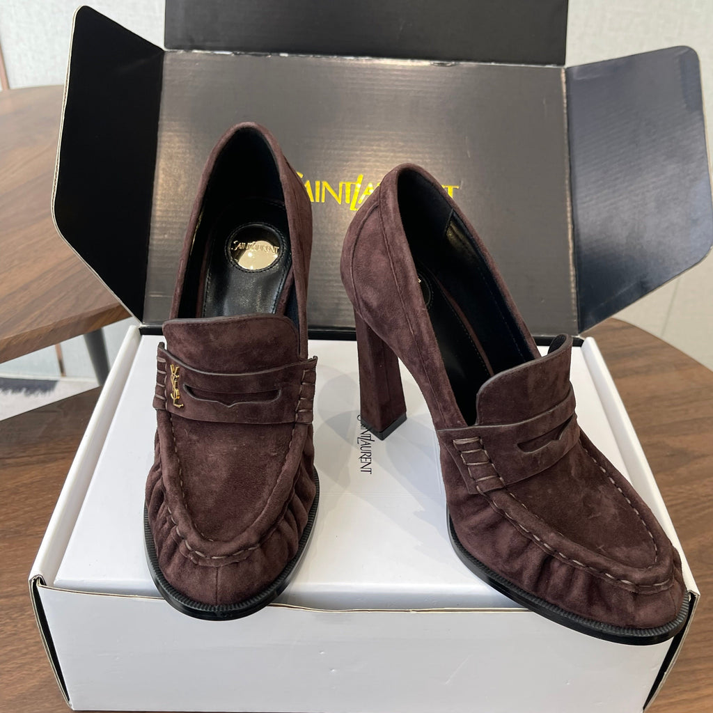 YSL 26S HEELED LOAFERS 100 MM IN WINE BROWN SUEDE