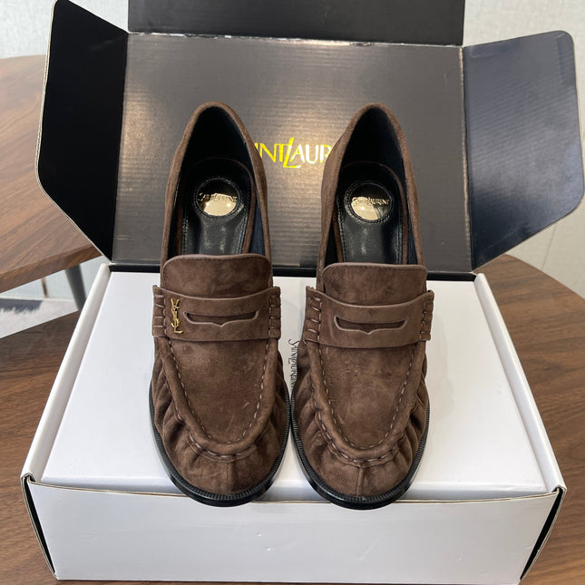 YSL 26S HEELED LOAFERS 100 MM IN DARK BROWN SUEDE