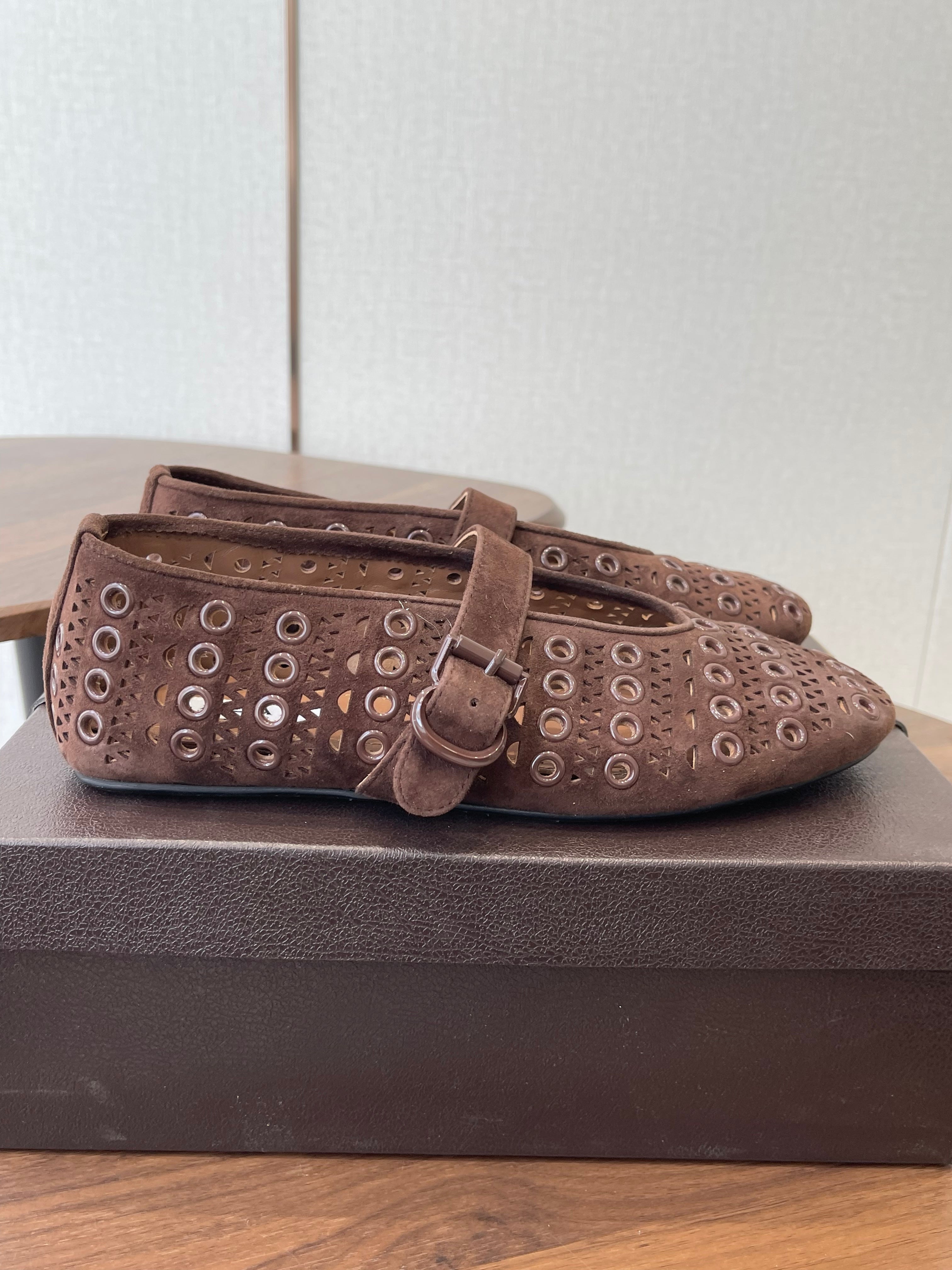ALAIA 26S MARY JANE FLATS IN DARK BROWN SUEDE STYLE 1