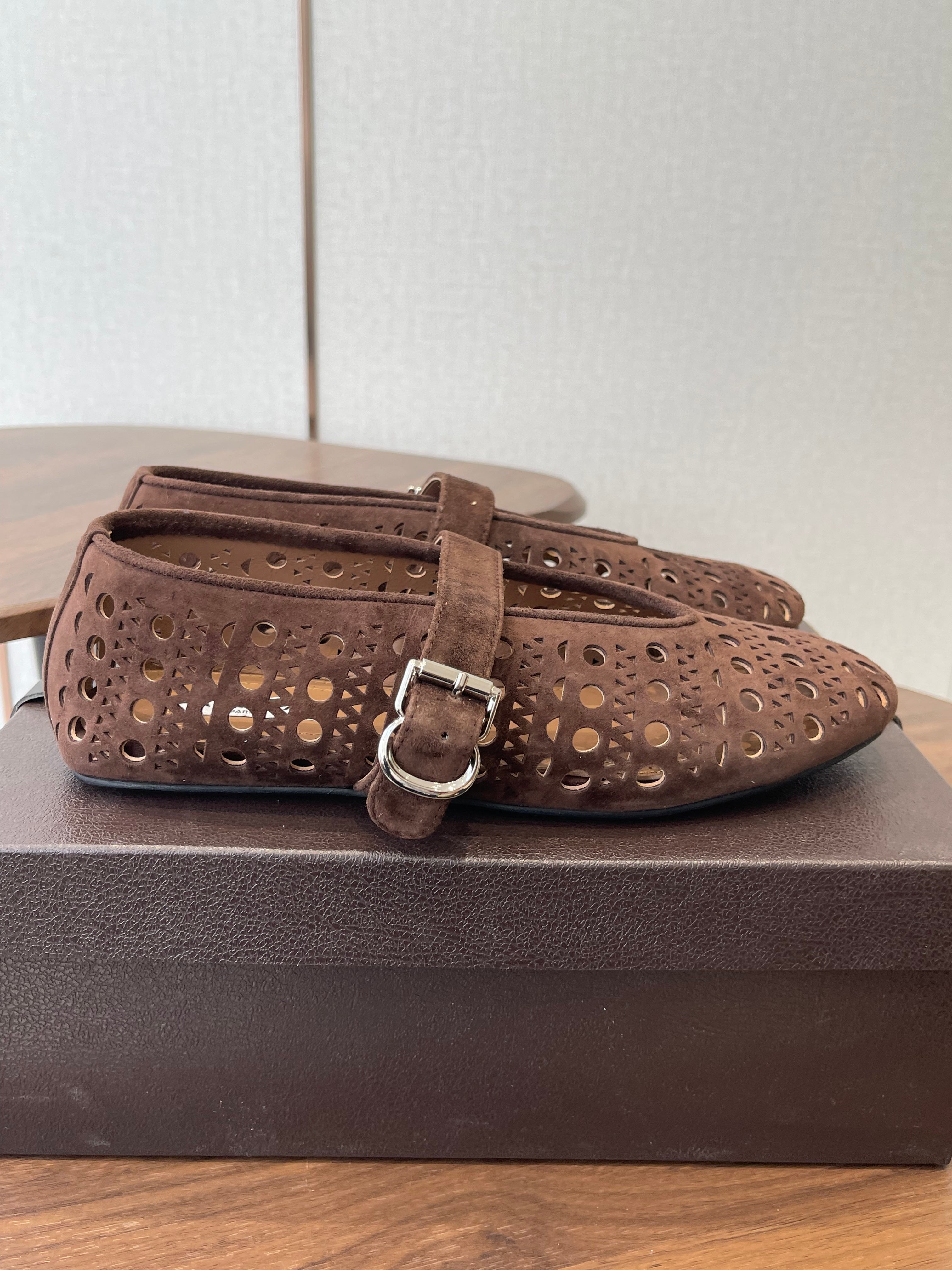 ALAIA 26S MARY JANE FLATS IN DARK BROWN SUEDE