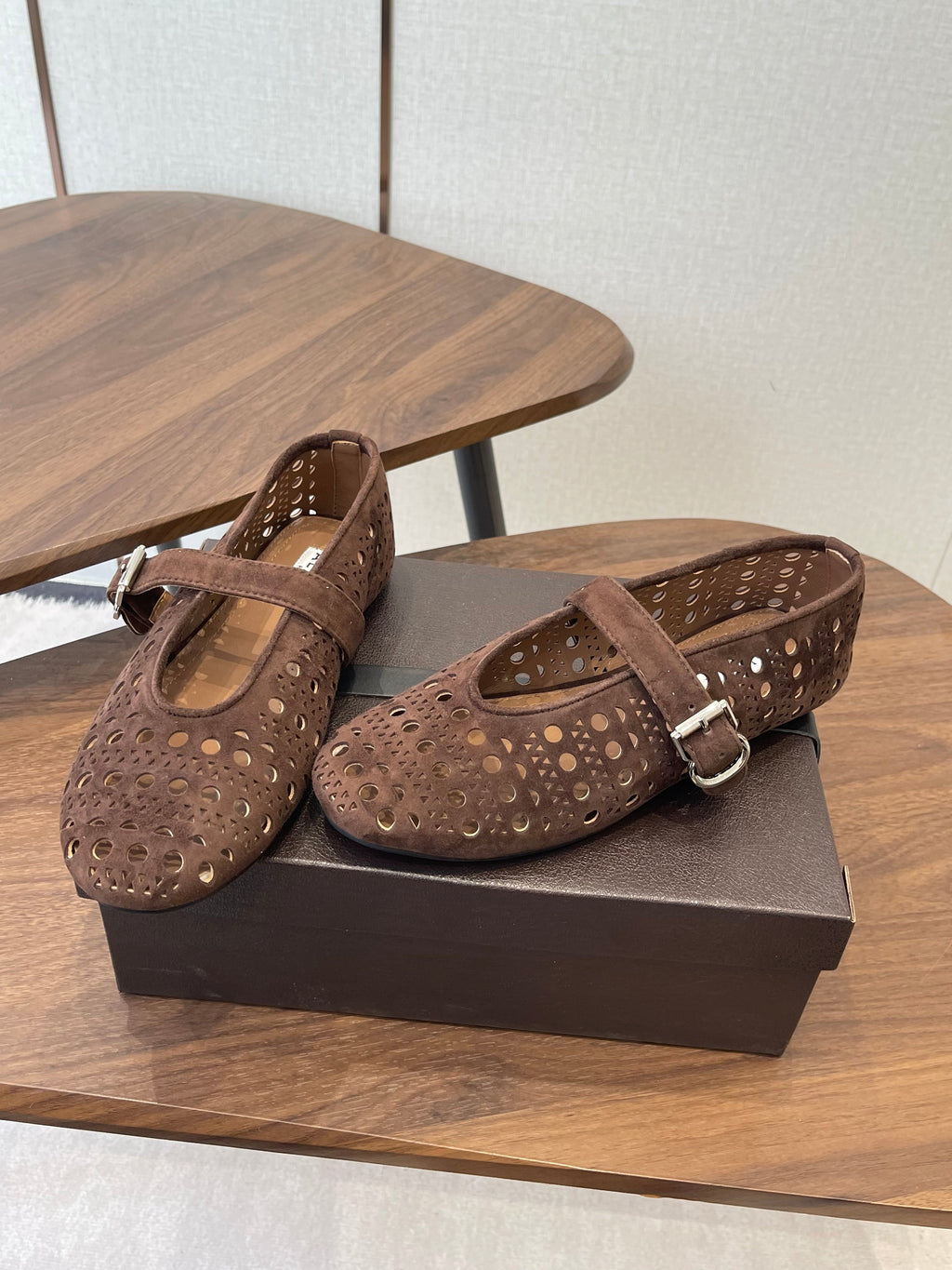 ALAIA 26S MARY JANE FLATS IN DARK BROWN SUEDE
