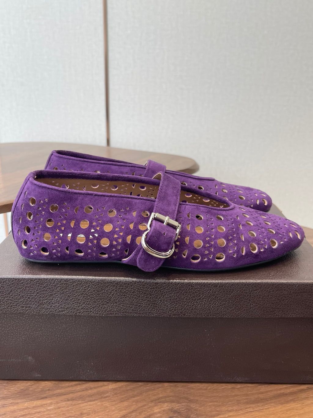 ALAIA 26S MARY JANE FLATS IN DARK PURPLE SUEDE