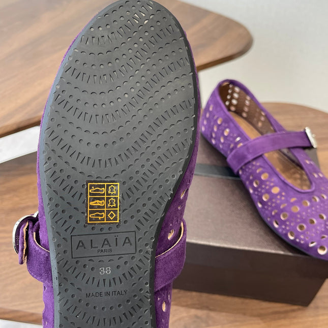 ALAIA 26S MARY JANE FLATS IN DARK PURPLE SUEDE