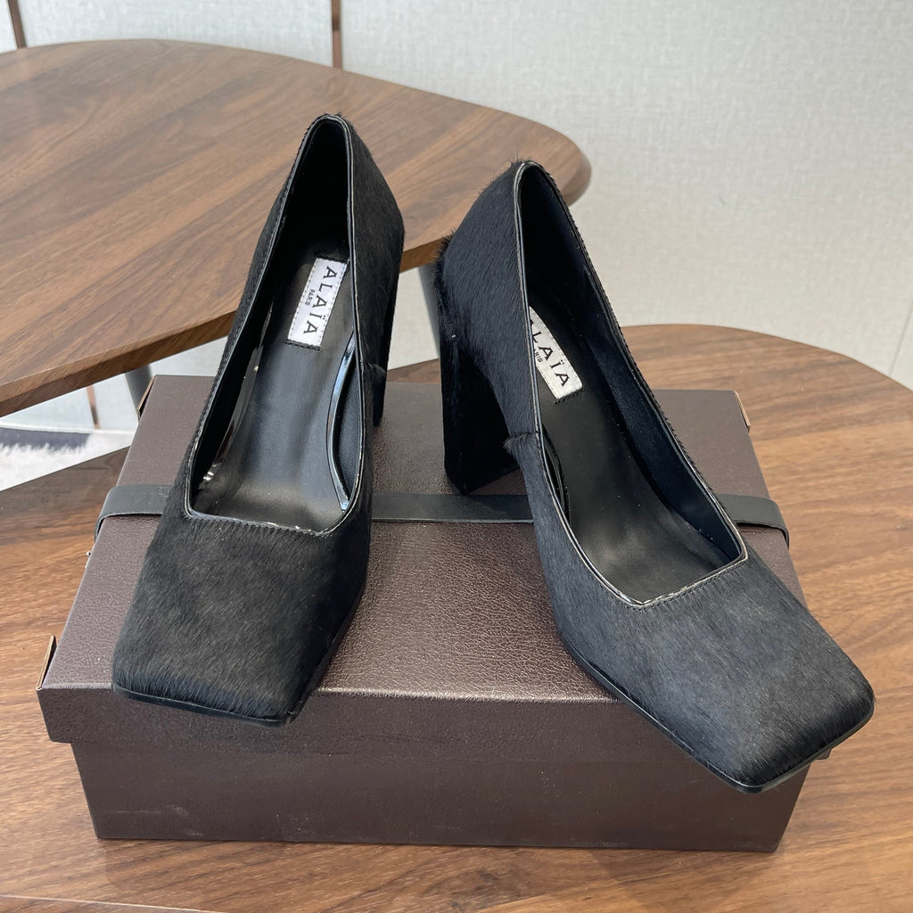 ALAIA 26S SQUARE-TOE HIGH HEELS 95 MM IN BLACK PONY HAIR