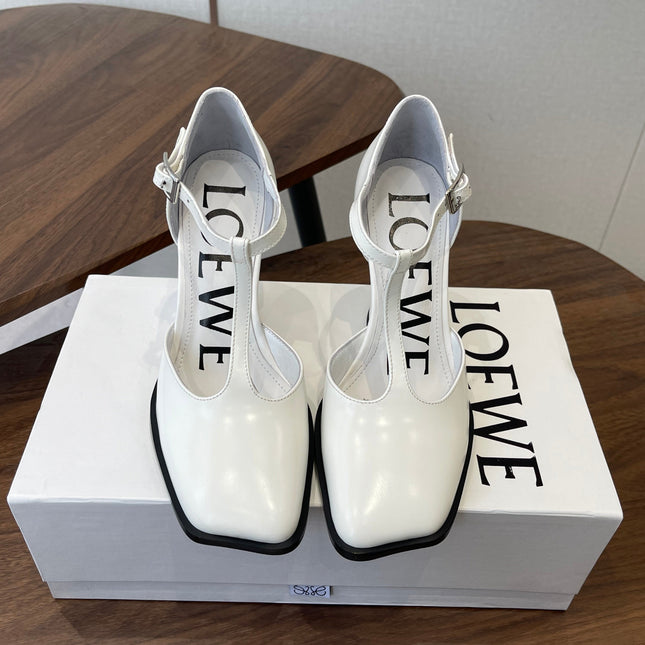 LOEWE 26S ONDA 90MM T-STRAP HIGH-HEEL SHOES IN WHITE GLOSSY CALFSKIN