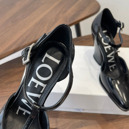 LOEWE 26S ONDA 90MM T-STRAP HIGH-HEEL SHOES IN BLACK GLOSSY CALFSKIN