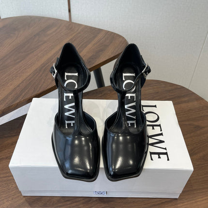 LOEWE 26S ONDA 90MM T-STRAP HIGH-HEEL SHOES IN BLACK GLOSSY CALFSKIN