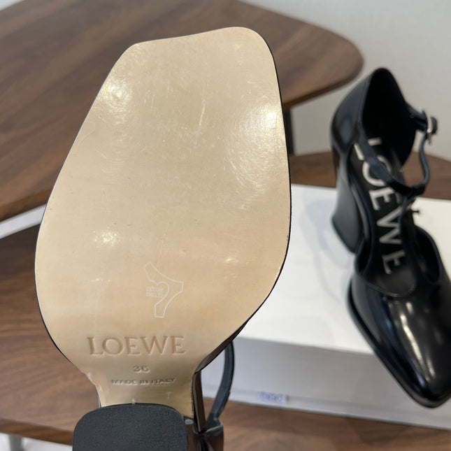 LOEWE 26S ONDA 90MM T-STRAP HIGH-HEEL SHOES IN BLACK GLOSSY CALFSKIN