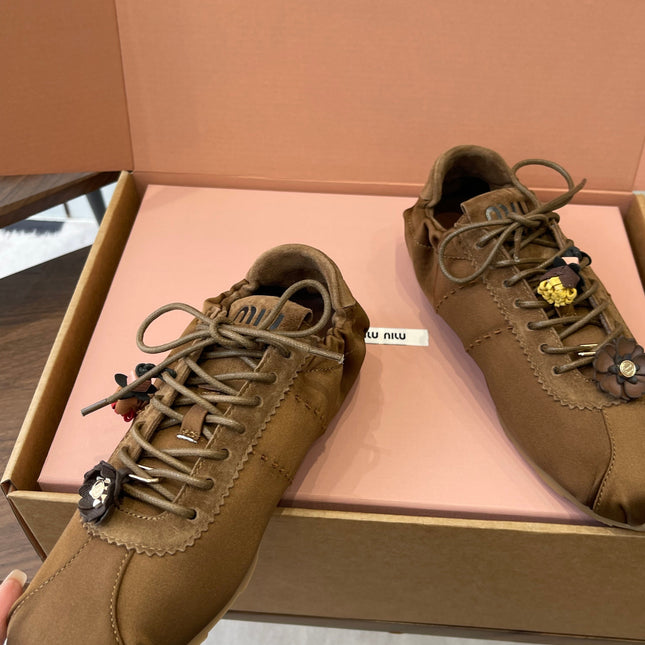 MIUMIU 26S SNEAKERS IN DARK BROWN PLUME SATIN
