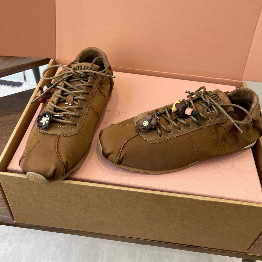 MIUMIU 26S SNEAKERS IN DARK BROWN PLUME SATIN