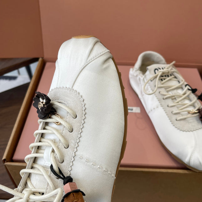 MIUMIU 26S SNEAKERS IN IVORY WHITE PLUME SATIN