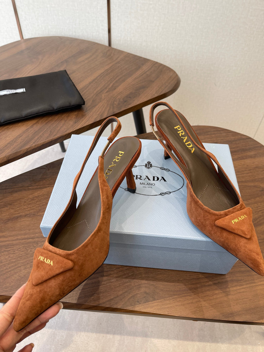 PRADA 26S SLINGBACK PUMPS 75MM IN CARAMEL BROWN SUEDE WITH LOGO