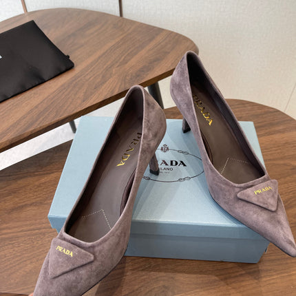 PRADA 26S SLINGBACK PUMPS 75MM IN TAUPE BROWN SUEDE WITH LOGO
