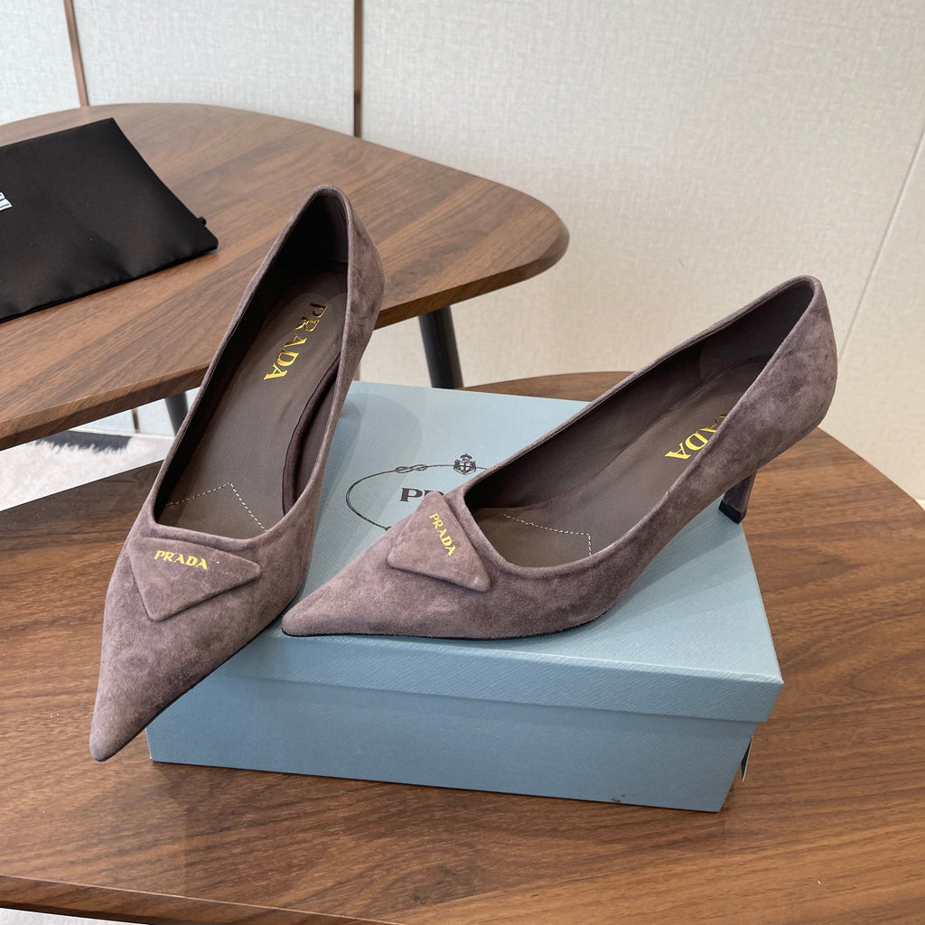 PRADA 26S POINTED TOE HIGH HEELS 75MM IN TAUPE BROWN SUEDE WITH LOGO