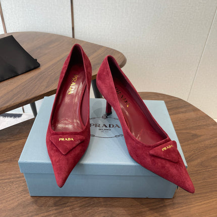 PRADA 26S POINTED TOE HIGH HEELS 75MM IN DARK RED SUEDE WITH LOGO