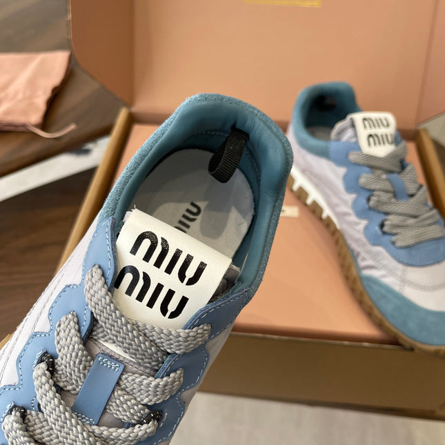 MIUMIU 26S SNEAKERS IN LIGHT GRAY AND BLUE FABRIC AND SUEDE