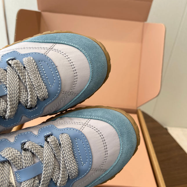 MIUMIU 26S SNEAKERS IN LIGHT GRAY AND BLUE FABRIC AND SUEDE