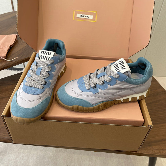 MIUMIU 26S SNEAKERS IN LIGHT GRAY AND BLUE FABRIC AND SUEDE