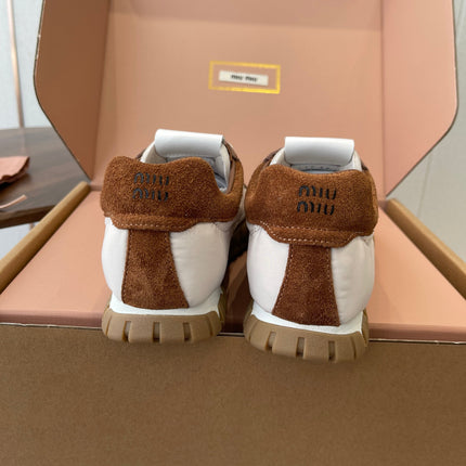 MIUMIU 26S SNEAKERS IN WHITE AND CARAMEL BROWN FABRIC AND SUEDE