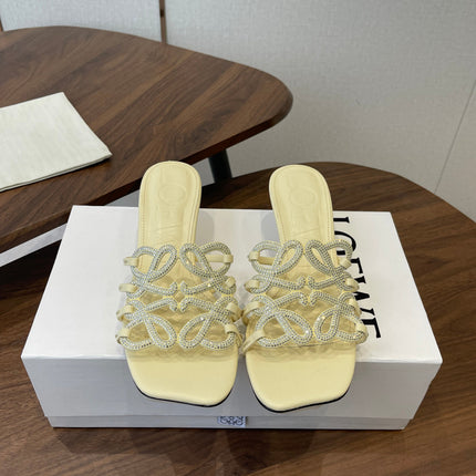 LOEWE 26S HIGH HEEL SANDALS IN LIGHT YELLOW CALFSKIN WITH CRYSTALS