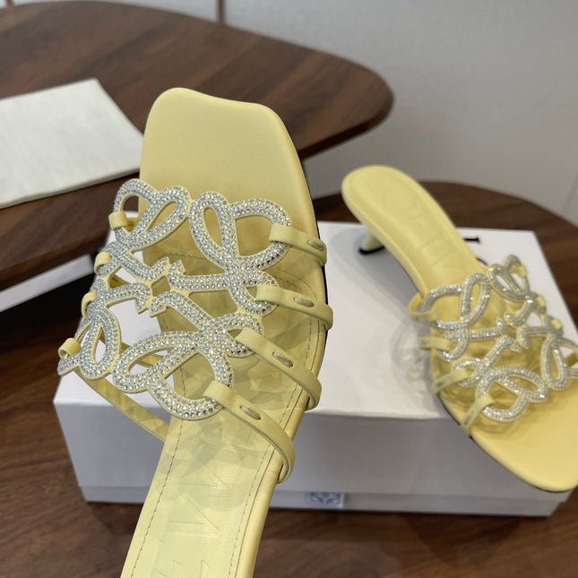 LOEWE 26S HIGH HEEL SANDALS IN BUTTER YELLOW CALFSKIN WITH CRYSTALS
