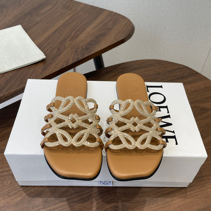LOEWE 26S FLAT SANDALS IN CAMEL BROWN CALFSKIN WITH CRYSTALS