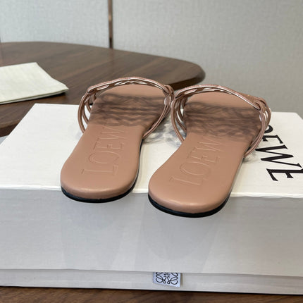 LOEWE 26S PETAL ANAGRAM SLIDE IN TAUPE BROWN CALFSKIN WITH CRYSTALS