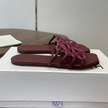 LOEWE 26S FLAT SANDALS IN WINE RED CALFSKIN WITH CRYSTALS