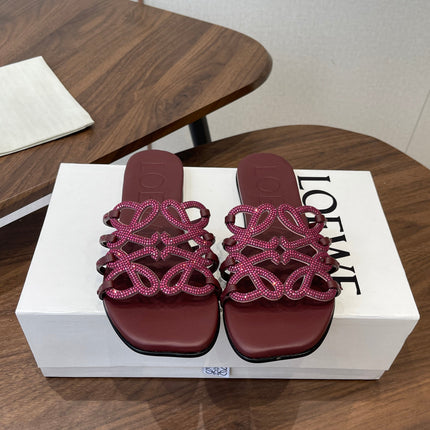 LOEWE 26S FLAT SANDALS IN WINE RED CALFSKIN WITH CRYSTALS