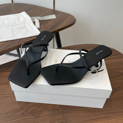 THE ROW 26S SQUARE TOE THONG HEELS IN BLACK CALFSKIN