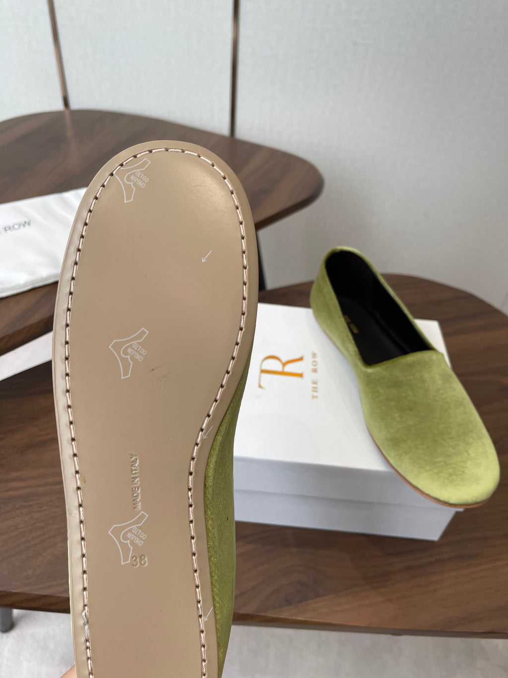 THE ROW 26S BALLET FLATS IN LIGHT OLIVE GREEN VELVET
