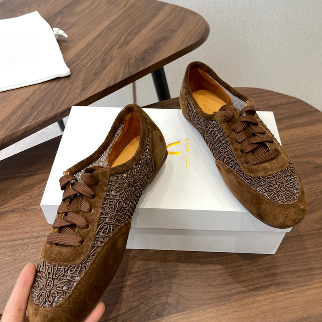 THE ROW 26S LACE UP SNEAKERS IN CARAMEL BROWN SUEDE