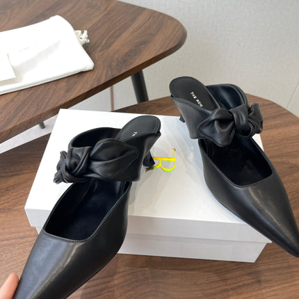 THE ROW 26S SLINGBACK POINTED HEELS IN BLACK CALFSKIN WITH BOW