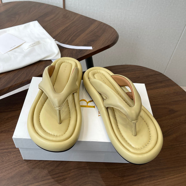 THE ROW 26S PUFFED THONG SANDALS IN BUTTER YELLOW CALFSKIN