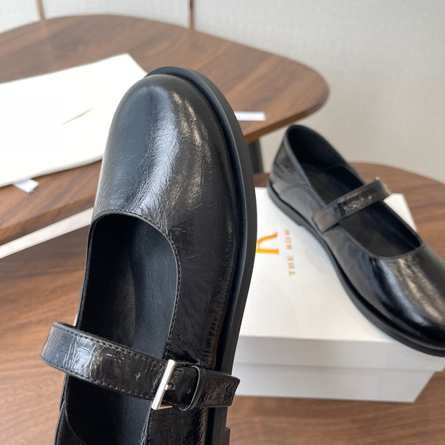 THE ROW 26S MARY JANE FLATS IN BLACK PATENT CALFSKIN