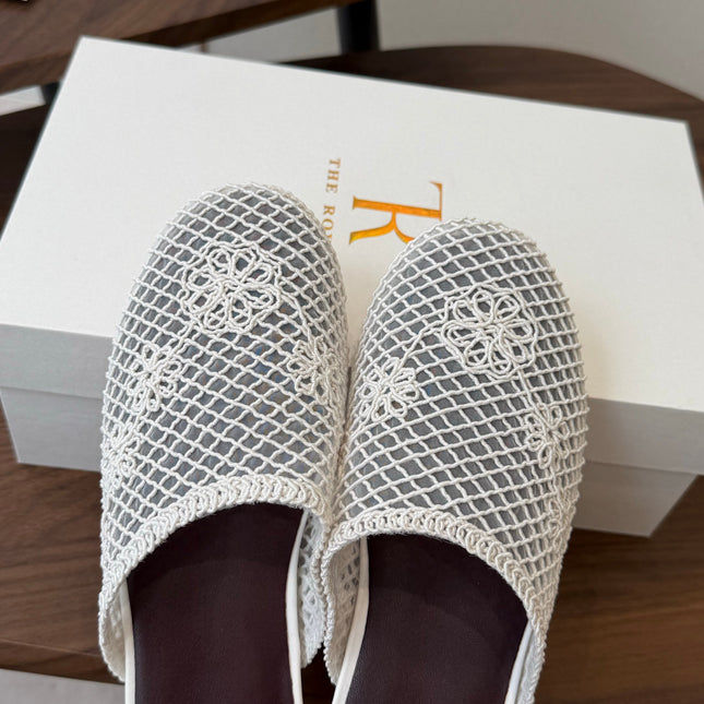 THE ROW 26S MULE FLATS IN WHITE CROCHET MESH