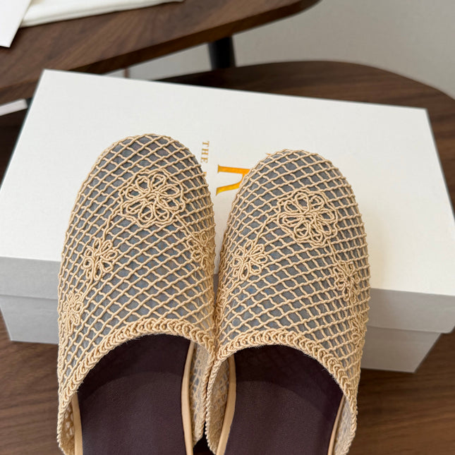 THE ROW 26S MULE FLATS IN BEIGE CROCHET MESH