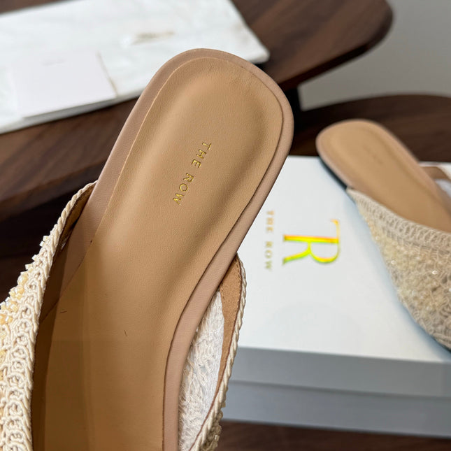 THE ROW 26S PEARL EMBELLISHED CROCHET MULE FLATS IN IVORY WHITE