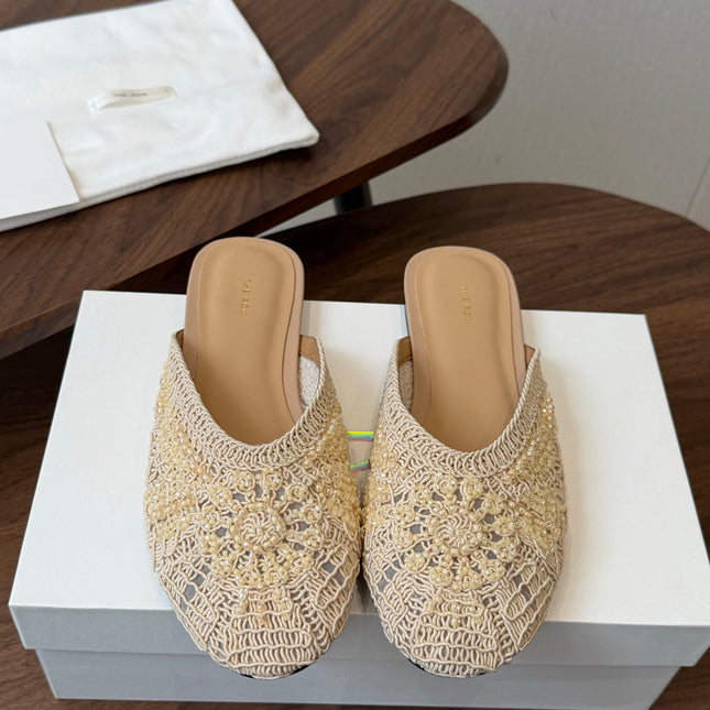 THE ROW 26S PEARL EMBELLISHED CROCHET MULE FLATS IN IVORY WHITE