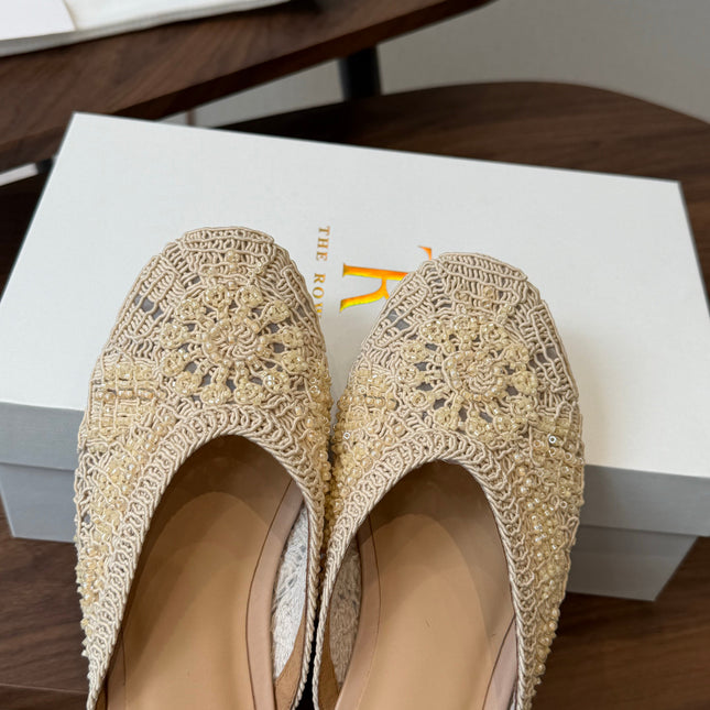 THE ROW 26S PEARL EMBELLISHED CROCHET MULE FLATS IN IVORY WHITE